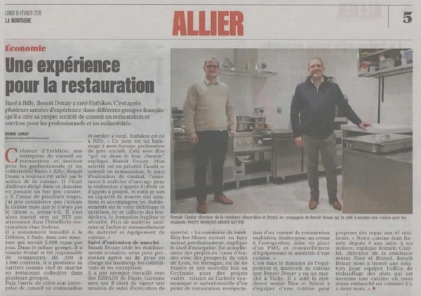 Article de presse de La Montagne présentant Euthikos et ses conseils en restauration basés sur une solide expérience