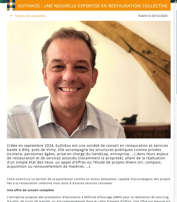 Article de presse paru dans le magazine Vichy Economie présentant Euthikos et son expertise en restauration collective